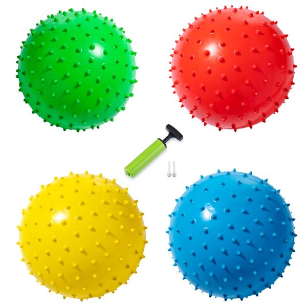 New Bounce Soft Balls for Kids - Set of Four 8.5" Knobby Balls Plus Pump & 2 pins, Durable, Inflatable Sensory Spiky Ball for Children, Toddlers and, Pets - Soft Bouncy Ball