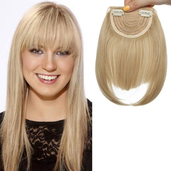 Flat Clip In On Bangs Fringe Hair Extension One Piece Synthetic With Temples Fringe Hairpiece Hair Accessories For Womens, Ash Blonde Mix Bleach Blonde