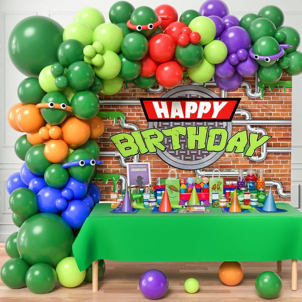 SNLN 153Pcs Turtle Birthday Party Decorations Supplies Kids Teen, Green Turtle Balloon Arch with Backdrop Tablecloth Googly Eye Long Balloons, Girls Boys Video Game Cartoon Turtle Birthday Decorations