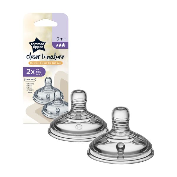 Tommee Tippee Closer to Nature Baby Bottle Teats, Breast-Like, Anti-Colic Valve, Soft Silicone, Vari Flow, 0m Plus, Pack of 2