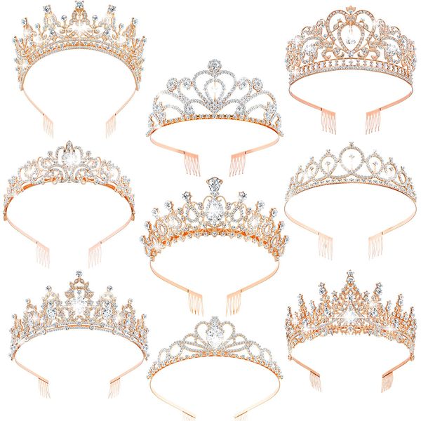 Zeyune 9 Pcs Tiaras and Crowns for Women Crystal Girls Princess Tiara Rhinestone Brides Crown Tiara Queen Crown with Combs for Wedding Birthday Quinceanera Pageant Prom Hair Accessories (Rose Gold)