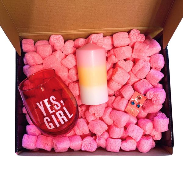 Candle + Sips Gift Box with Compostable Pink Heart Packing Peanuts - Yes Girl Yes