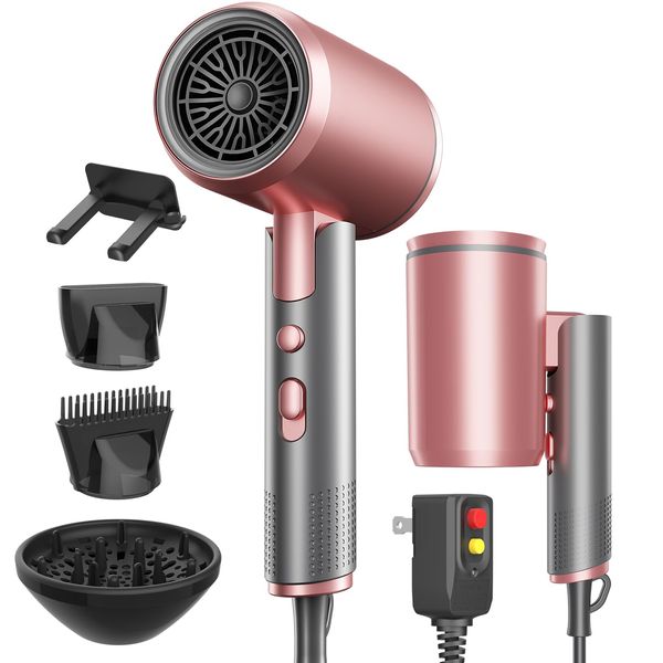 Dxliwky Portable Ionic Hair Dryer, Foldable Handle Hair Dryer,1600W Blow Dryer with Diffuser/Concentrator/Comb Nozzle,Intelligent Temperature Control,Low Noise for Home/Salon/Travel (Pink+Grey)