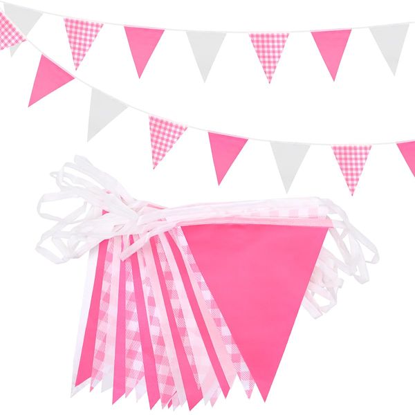 20m 52pcs Pink White Plaid Pennant Bunting,16×22cm Polyester Fabric Reusable Triangle Flags Banner for Indoor Outdoor Birthday Kid Party Decorations