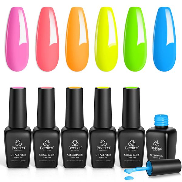 Beetles Gel Nail Polishes- 6 Colors Gel Polish Kit Neon Orange Yellow Blue Green Pink Popular Nail Art Design Soak Off Nail Lamp Nail Polish Gel DIY Manicure Kit Beauty Gifts