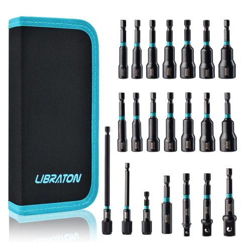 Libraton Magnetic Socket Set of 21, Socket for Electric Drill Driver, 1/4" Hex Shank, Impact Socket, Socket Adapter, Bit Holder, Extension Bar with Case