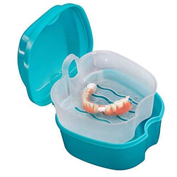 Coolrunner Denture Case, Denture Cup with Strainer, Denture Bath Box False Teeth Storage Box with Basket Net Container Holder for Travel, Retainer Cleaning (Green)