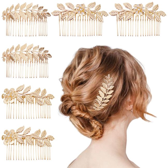 6 PCS Leaf Hair Side Combs Gold Rhinestone Hair Comb Clips with Teeth Wedding Headpiece Hair Accessories for Women, Girls, Bride, Bridesmaid(Gold)