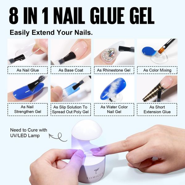 TOMICCA Nagelkleber und Top Coat 8 in 1 Set-Nagel Kleber, Extra Stark Gel Nail Glue Nagelkleber Für Nägel, Professionelle Salon-Qualität, UV/LED Soak-Off, 8 ml * 2