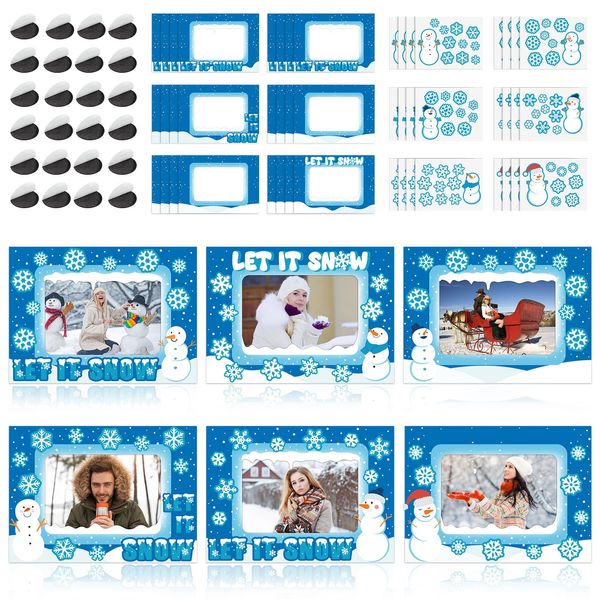 Blueweenly 24 Set Winter Picture Frame Craft Snowflake Snowman DIY Craft Kit Bulk Christmas Frosted Window Pane Picture Frame Craft Magnet Art Crafts for Winter Party Decor Gifts Game Home Activities