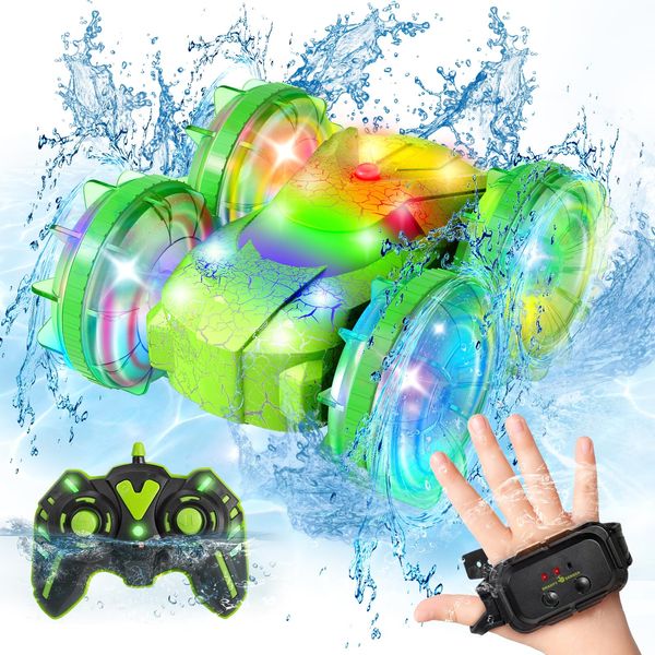 Amphibious RC Car with Lights for Kids 6-12 Year Old,2.4 GHz Remote Control Boat RC Monster Truck 4WD Vehicle Gifts,Waterproof Hand Controlled Boat 360° Rotating Water Beach Pool Toys for Boys Girls