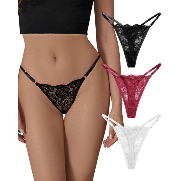 SHARICCA Lace G-String Thongs for Women Comfort Sexy Underwear Breathable T-back Thongs Panties Pack, 3P03,S