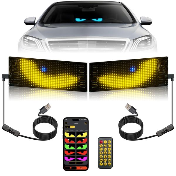2 pcs 6.81 * 2.75in Programmable LED Devil Eyes for Windshield, Flexible Soft Screen Sign, Bluetooth APP Control for Car Windows