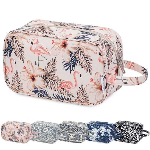 Travel Toiletry Wash Bag for Women Traveling Dopp Kit Makeup Bag Organizer for Toiletries Accessories Cosmetics (Beige Flamingo)