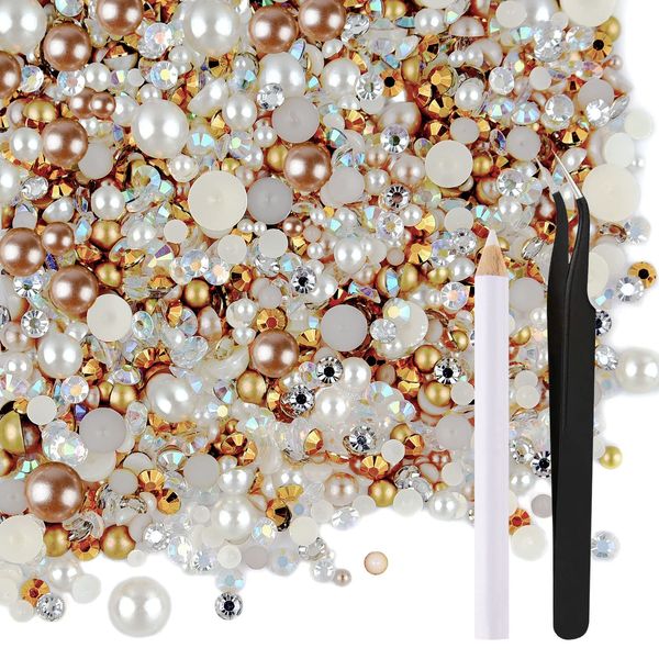 ASTARON 50g Mix Flat Back Pearls and Rhinestones for Crafts Mixed Size 3mm-10mm Flat Back Rhinestones for Crafts Flatback Pearls for DIY Tumblers Mugs Nail Art Shoes Clothes