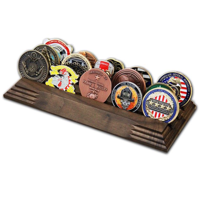 Military Coin Display Stand - Amazing Military Challenge Coin Holder - Holds 14-19 Coins 3 Rows Made in The USA! (Solid Walnut)