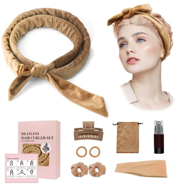 Neu Lockenwickler Locken Ohne Hitze, Heatless Curls Band，Lockenwickler über Nacht mit Haarnade und Stirnband Lockenwickler Große Locken DIY Haare Locken Frisurenset für Mittleres Langes Haar (khaki)