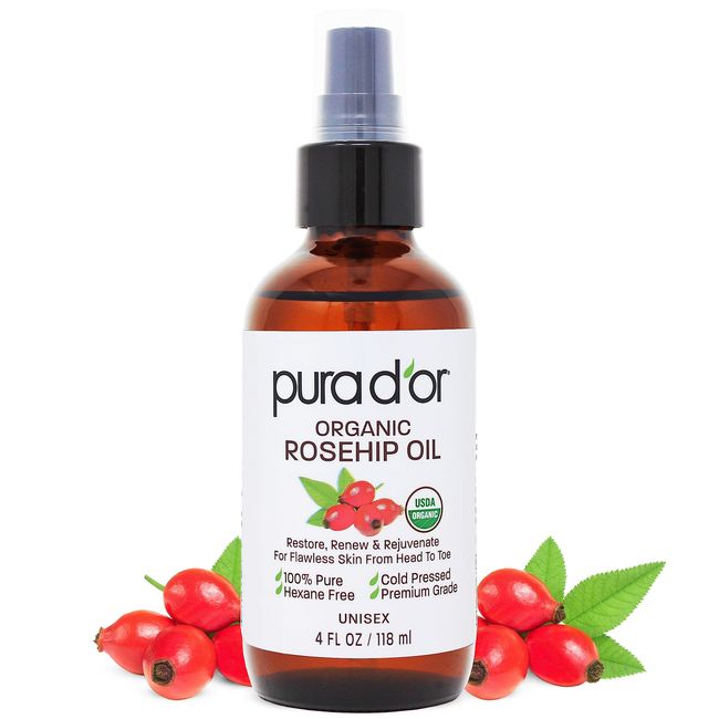 PURA D'OR Organic Rosehip Seed Oil,100% Pure Cold Pressed USDA Certified All Natural Moisturizer Facial Serum For Anti-Aging,Acne Scar Treatment,Gua Sha Massage,Face,Hair & Skin,Women & Men,4oz