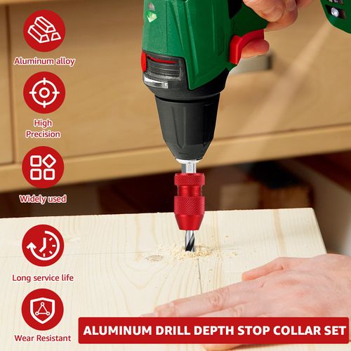 FAMIWIN 2PCS Aluminum Alloy Drill Bit Stop Collar, Adjustable Drill Depth Stop for Drill Size Range 5/64"-3/16", 15/64"-7/16" for Woodworking, Metal, Tile, Furniture