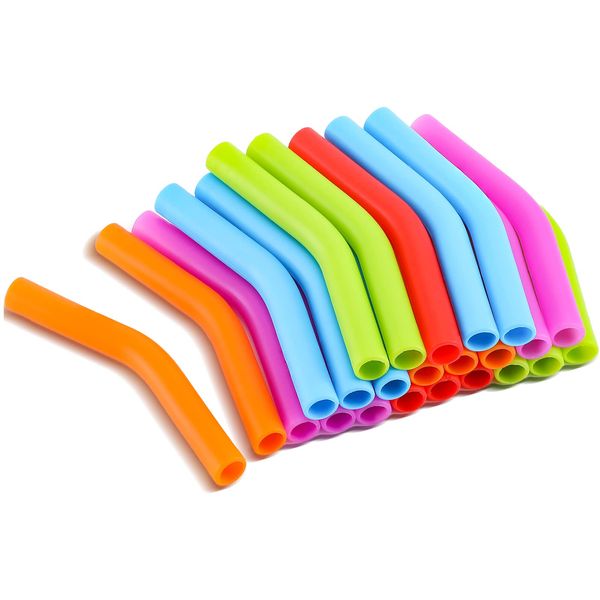 Dingion 24 Pcs Food Grade Silicone Straw Elbows Tips Wide Stainless Steel Reusable Straws Soft Drinking Silicone Straw Tips for red, green, blue, purple and orange as the picture shown, 8 mm