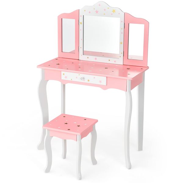 GYMAX Kids Dressing Table Set, Girls Vanity Table with Stool, Tri-Folding Mirror and Drawer, Wooden Princess Makeup Desk for Children (Pink)