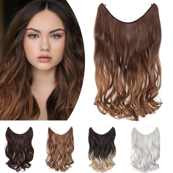 One Piece Wire In Hairpieces Matte Material Invisible Hair Extension Synthetic Wavy For Women Beauty, 20 Inch, Chocelate Brown to Sandy Brown