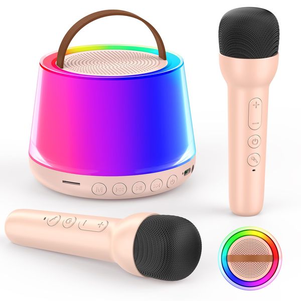 Karaoke Machine for Kids, Mini Karaoke Machine with 2 Wireless Microphones, Portable Bluetooth Speaker with LED Lights for Home Party, Outdoor, Birthday Gifts for 4 5 6 7 8 9 10 11 12 Year Old Girl