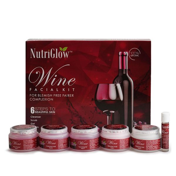 NutriGlow Wine Facial Kit 6-Pieces Skin Care Set with Deep Cleanser, Exfoliating Scrub, Nourishing Gel, Whitening Cream, Mask Pack And Face Serum for Anti Aging Skin Care Kit For Women, 8.5OZ+0.3Oz