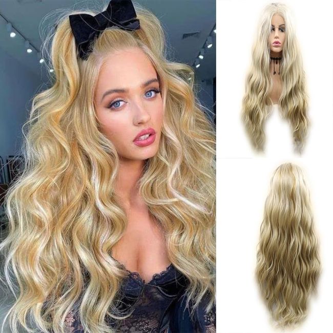 xiweiya Highlighted Blonde Wigs Long Loose Wavy Mixed Color Blonde Gold Synthetic Lace Front Wig Pre Plucked 13x4 Lace Wig Natural Hairline Heat Resistant Fiber Wigs for Women