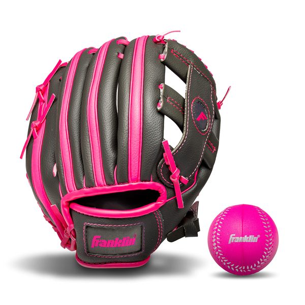 Franklin Sports unisex youth Right Handed Thrower Kids Baseball Gloves RTP Child s Tball Ball Set Boys Girls Teeball Mit, Graphite/Pink, 9.5 US