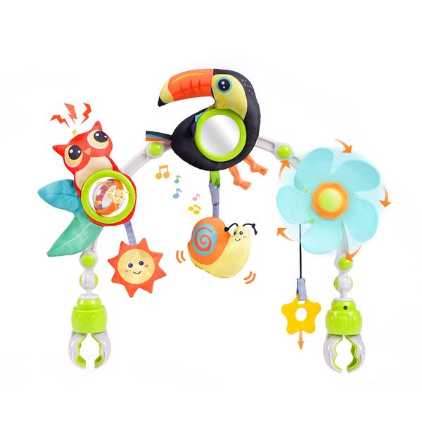 Koty Baby Stroller Arch Toy with Teether, Rattle, Crinkle Sound, Mirror & Music Box, Newborns Sensory Activity Carrier Take-Along Toy, Adjustable for Bouncers, Car Seat & Pram 0M+(Toucan)