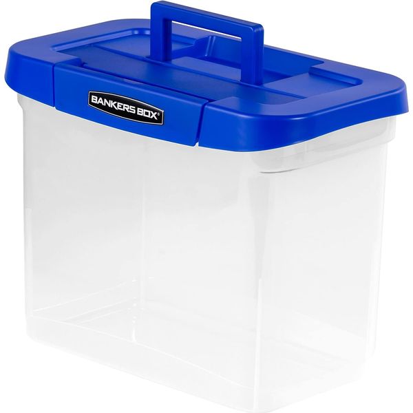 Bankers Box® Heavy-Duty Portable Storage File Box, 10 3/4" x 6 3/4" x 11 3/4", Blue/Clear