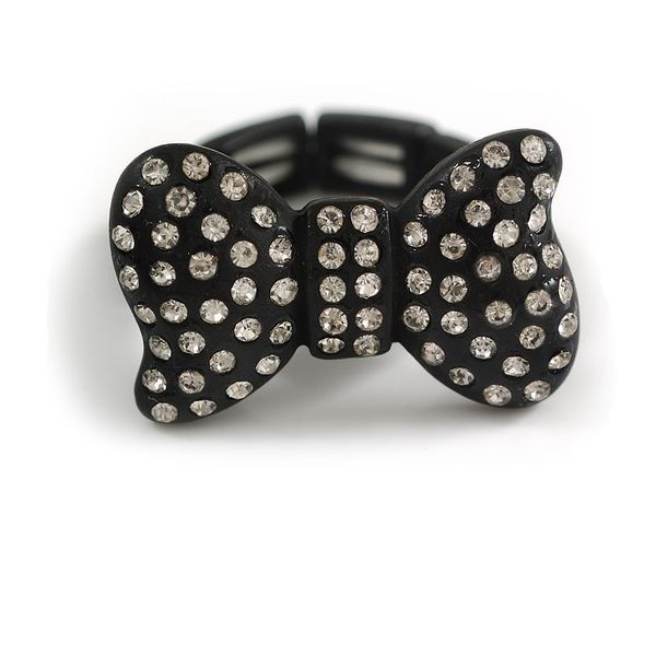 Avalaya 25mm Across/Matte Black Bow Ring with Clear Crystals/Size 7/8 Expandable