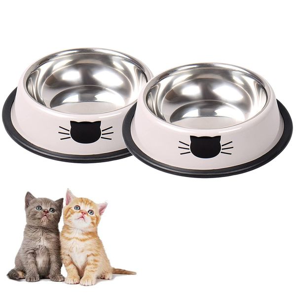 DOMI PRO Cat Bowls 2pc Gray & Black Non-Slip Stainless Steel Cat Bowl Cat Water Bowl Cat Food Bowl Cat Bowls for Kitten (Grey)