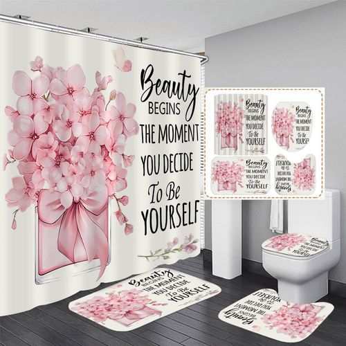 AZHM 4 Pcs Pink Fashion Shower Curtain Sets with Rugs Flower Bathroom Decor Set with Shower Curtain and Rugs and Accessories Modern Perfume Bottle Floral Bathroom Curtain with 12 Hooks