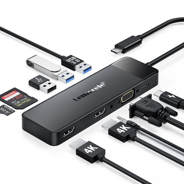 Docking Station USB C Hub 3*Display- 11 in 1, (2024 Upgrade) Lemorele USB C Dock 2*HDMI Adapter 4K, 3 USB 3.0/2.0, VGA, PD 100W, Audio, SD/TF, für Windows, MacBook, Dell, HP, Lenovo,Surface