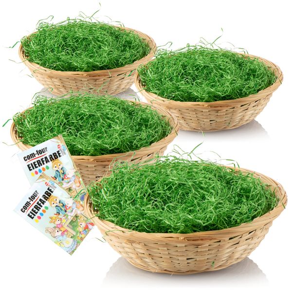 com-four® 4x Easter baskets with decorative grass and egg colors - Easter baskets with green grass - raffia basket with Easter grass (Set nature brown 1)