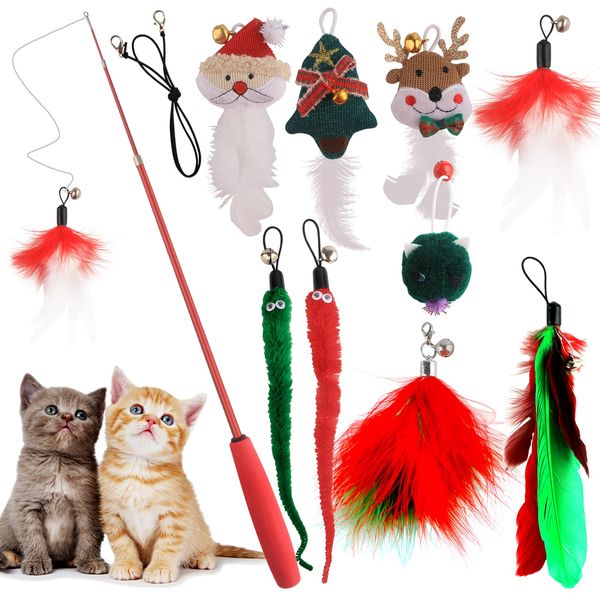 HOSUKKO 10PCS Cat Toys for Christmas Catnip Toys Interactive Feather Toys for Indoor Cats Replaceable Kitten Feather Toys with Ring Bells Retractable Cat Wand Colorful Cute Kitten Toys Gift