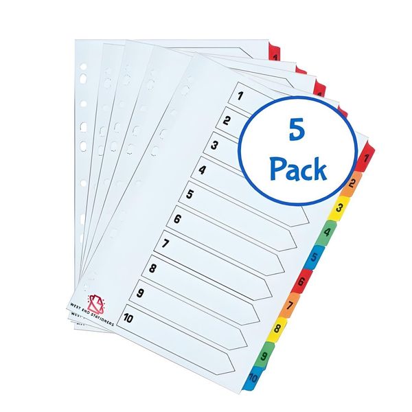 A4 1-10 Numbered Index Divider Multi Coloured Tabs (Pack of 5)