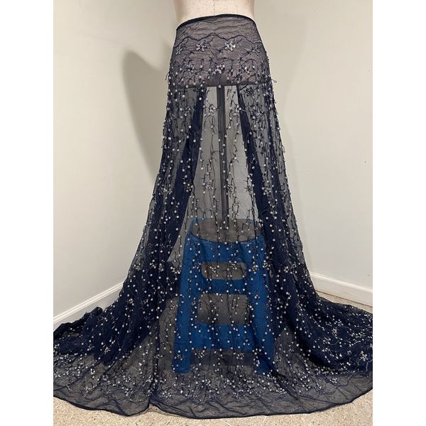 Navy  Silver 3D Fringe Beaded Sequins Embroidery Lace Fabric 50” Width 1 Yard