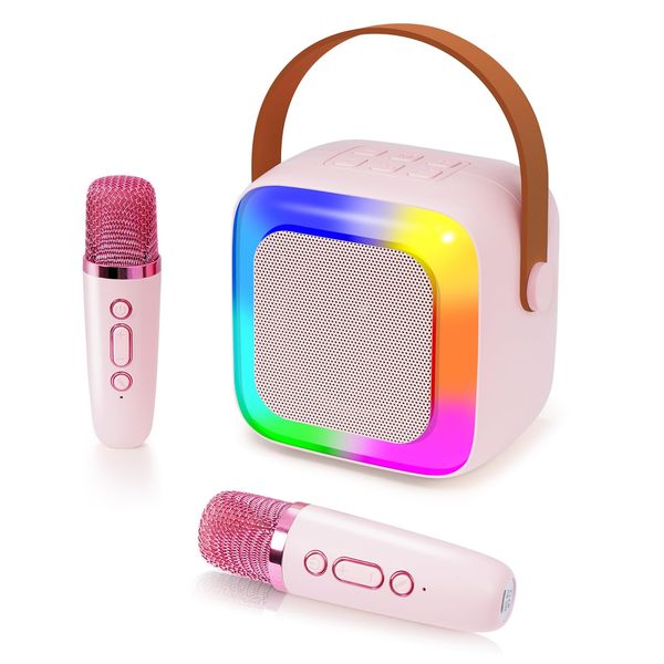 Kids Karaoke Microphone Machine Toy, Portable Bluetooth Speaker with 2 Wireless Microphone, for Kids, Birthday Gift for Girls Boys 3 4 5 6 7 8 9 10 Years Old（Pink）