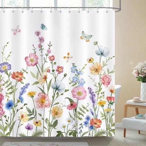 Bonhause Spring Floral Shower Curtain, Colorful Flower Butterfly Plant Wildflower Bathroom Curtain 72 x 72 Inch Polyester Fabric Waterproof Bath Curtain with 12 Hooks