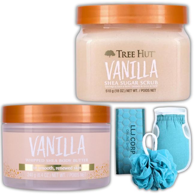 Tree Hut Vanilla Shea Sugar Scrub 18oz Bundled With Whipped Body Butter 8.4oz + 3 LLJ Corp Mesh Bath, Shower And Exfoliating.