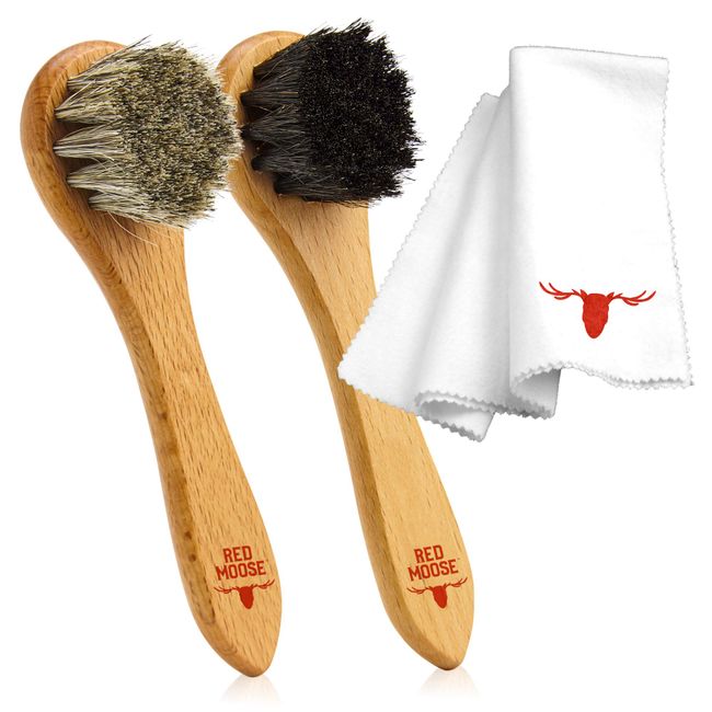 RED MOOSE 3pc Shoe Shine Kit - Shoe Brush and Cleaning Cloth Set - [2] Premium Horsehair Cleaning Brushes and X-Large Buffing Cloth - Leather Polish and Care Set for Shoes and Boots