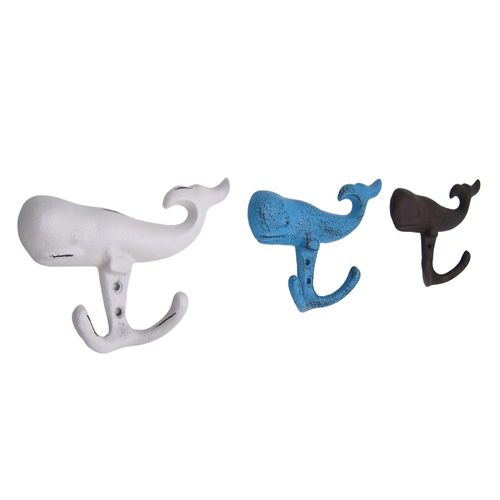 Wowser Cast Iron Whale Wall Hooks, Set of 3, Assorted Colors, 6.4 Inches