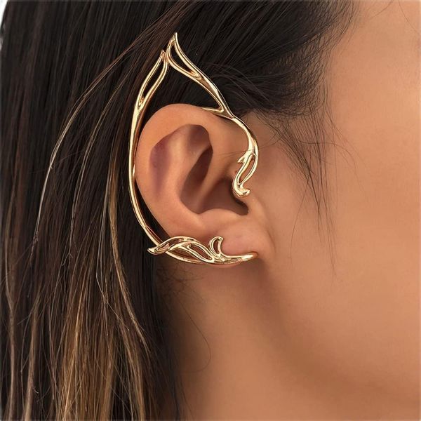 Wiwpar 2PCS Gothic Elves Ear Cuffs Simple Non-Pierced Cosply Cat Ear Wrap Statement Jewely for Halloween Easter Elf Hollow Cartilage Climber Earrings Trendy Retro Punk Elf Clip Earrings for Teen Girls Women（gold)