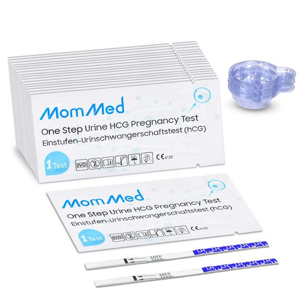 MomMed Pregnancy Test, 25 Hcg Pregnancy Test Strips with 25 Urine Cups, Rapid and Accurate Results, Women Home Testing, Early Pregnancy Tests