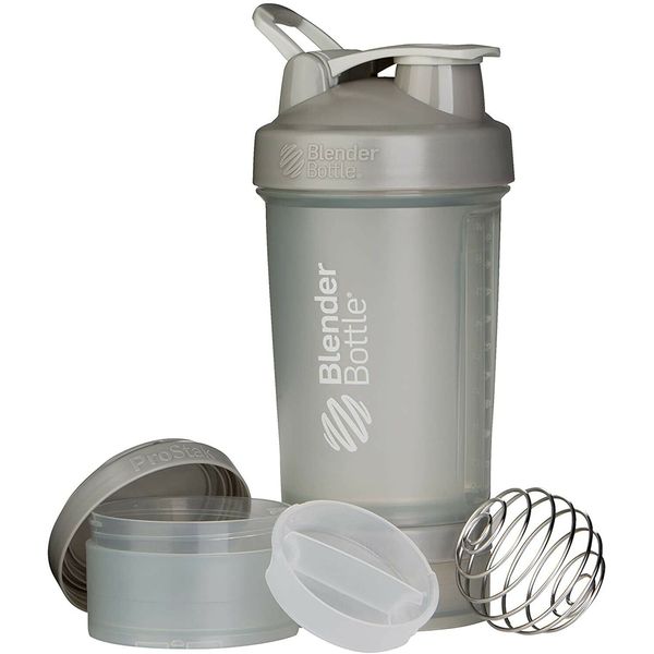 Grey Shaker Bottle w/ Metal mixer & Bottom compartment