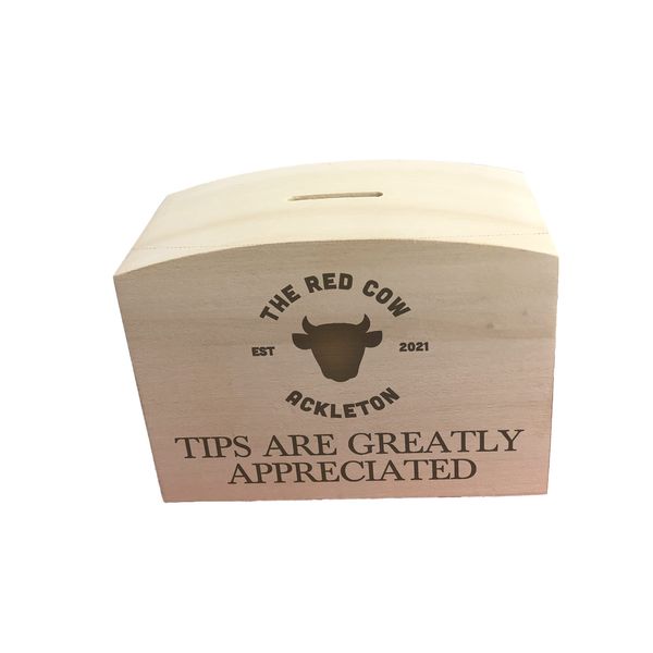 Logo Branded Tip Jar Wooden Money Box For Café Bar Reception Business Rustic Shabby Chic