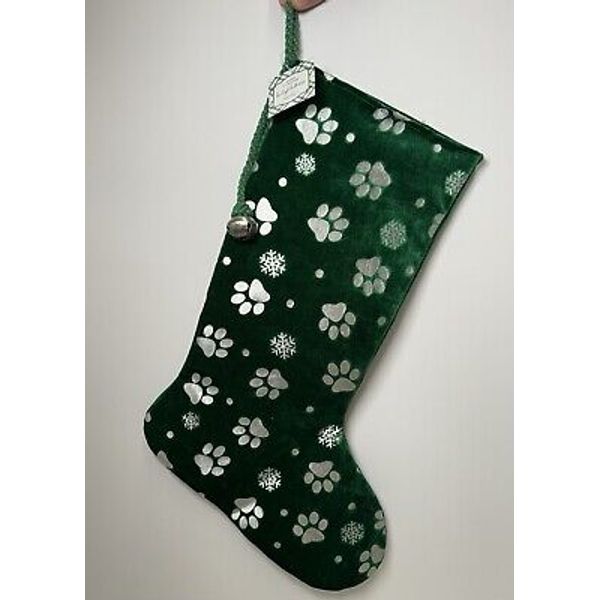 Paw Print Green & Silver Holiday Stocking Pet Bells Christmas Lovingkindness NEW